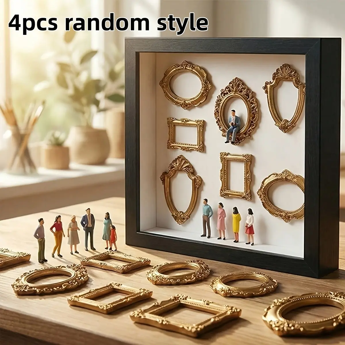 4-Piece DIY Mini Frame Set, Photo Display Frames with Small Statues, Memorial Decor, Holiday Gift, Random Styles, No Frame Included