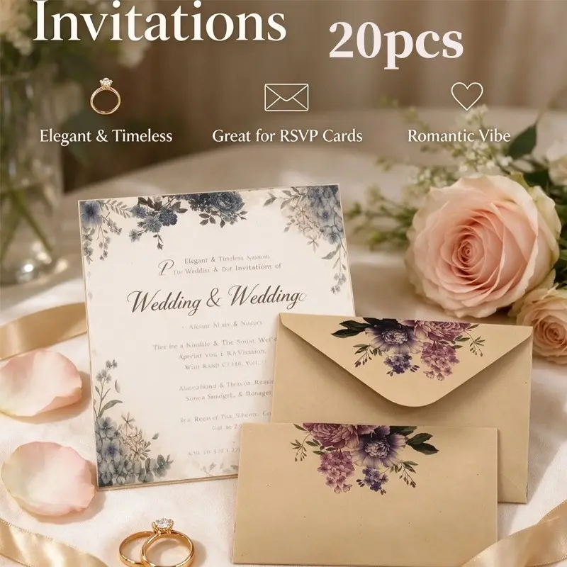 20 Pcs Vintage Floral Print Kraft Paper Envelopes Set, Rustic Style Flower Pattern Greeting Card Envelopes, Ideal for Thank You Notes, Wedding Invitations, Birthday Parties, DIY Crafts