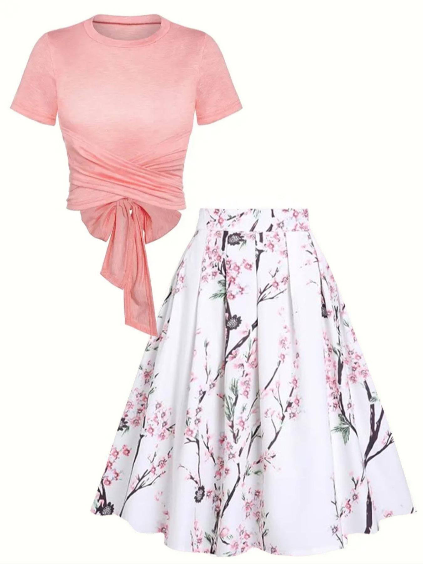 Women's Short Plain Top & Floral Print High Waist Skirt Two-piece Set, Casual Fashion Cozy Top & Skirt for Daily Outdoor Wear, Ladies Outfits for Summer Womenswear