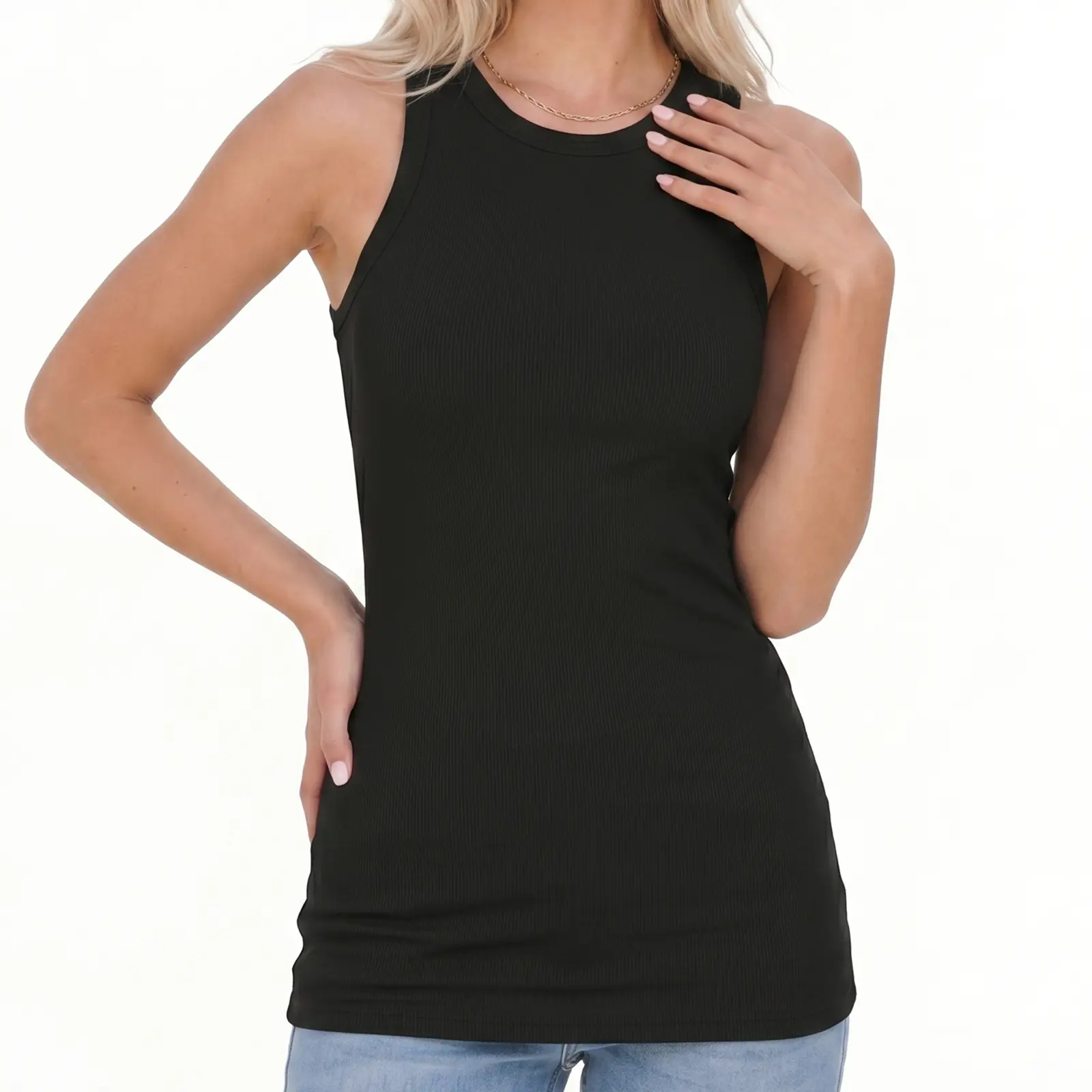 Women's Ribbed High Neck Tank Top | Stretch Sleeveless Basic | Long Length Casual | Everyday Layering | Summer Fashion