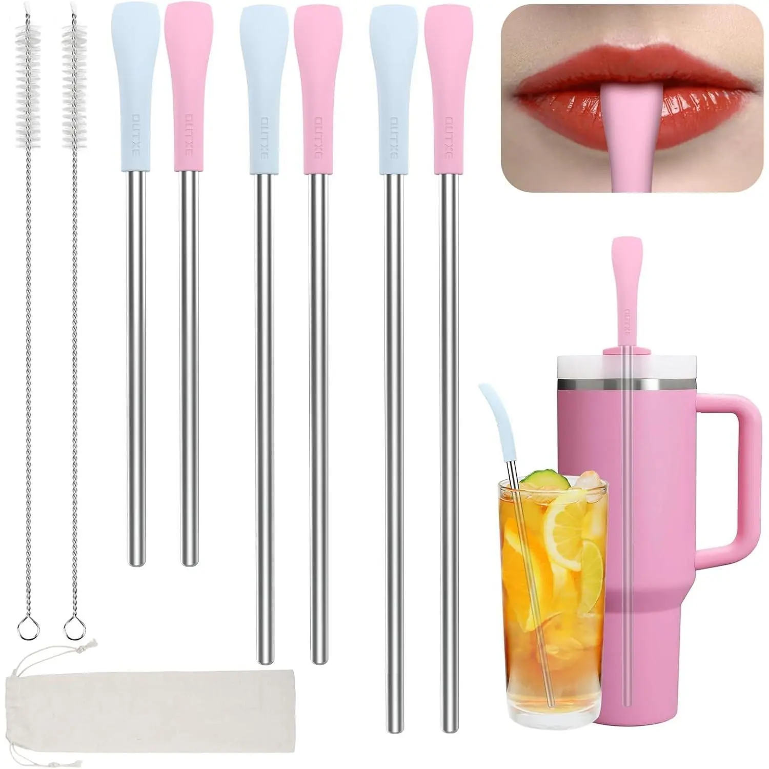 Anti Wrinkle Straw 6 Pcs, Flat Wide Drinking Straw for Stanley Cup 40 oz 30 oz, Reusable Wrinkle Free Long Stainless Steel Metal Straw for Lip with Cleaning Brush and Carrying Bag