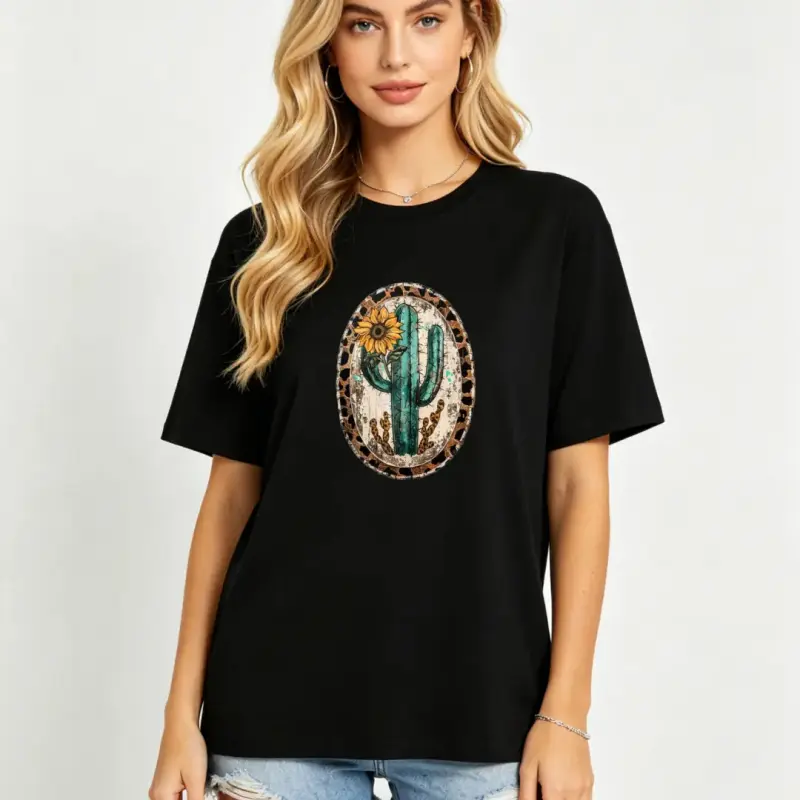 Women's Vintage Western Fitted Crew Neck Short-Sleeve Cotton Graphic Casual Lady Tshirt - Turquoise, Teal, Cactus, Sunflower, Leopard Prints - Machine Washable Clothes Top