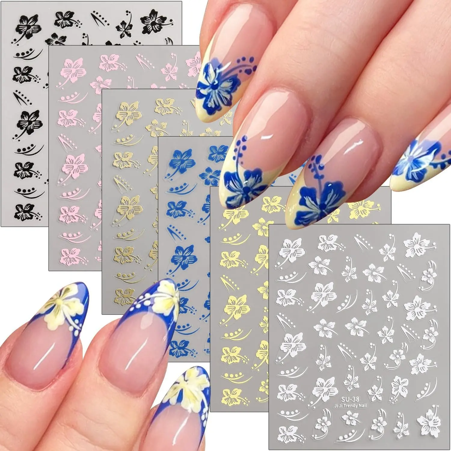 6PCS 3D Hibiscus Flower Nail Stickers, Nail Art Sticker, Self-Adhesive Summer Flowers Nail Decals, White Pink Colorful Hawaiian Floral Sticker for Nails Cherry Blossom Nail Design Summer Decoration Manicure