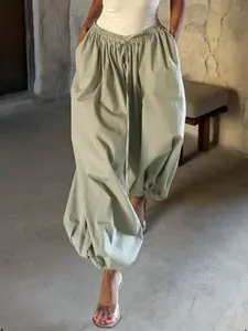 Green Gingham Checkered Balloon Women Pants High Waist Elastic Drawstring Wide Leg Loose Fit Maxi Trousers Summer Vacation Casual Boho Streetwear Soft Draped Fabric Baggy Palazzo Pants Trendy Relaxed Outing Bottoms