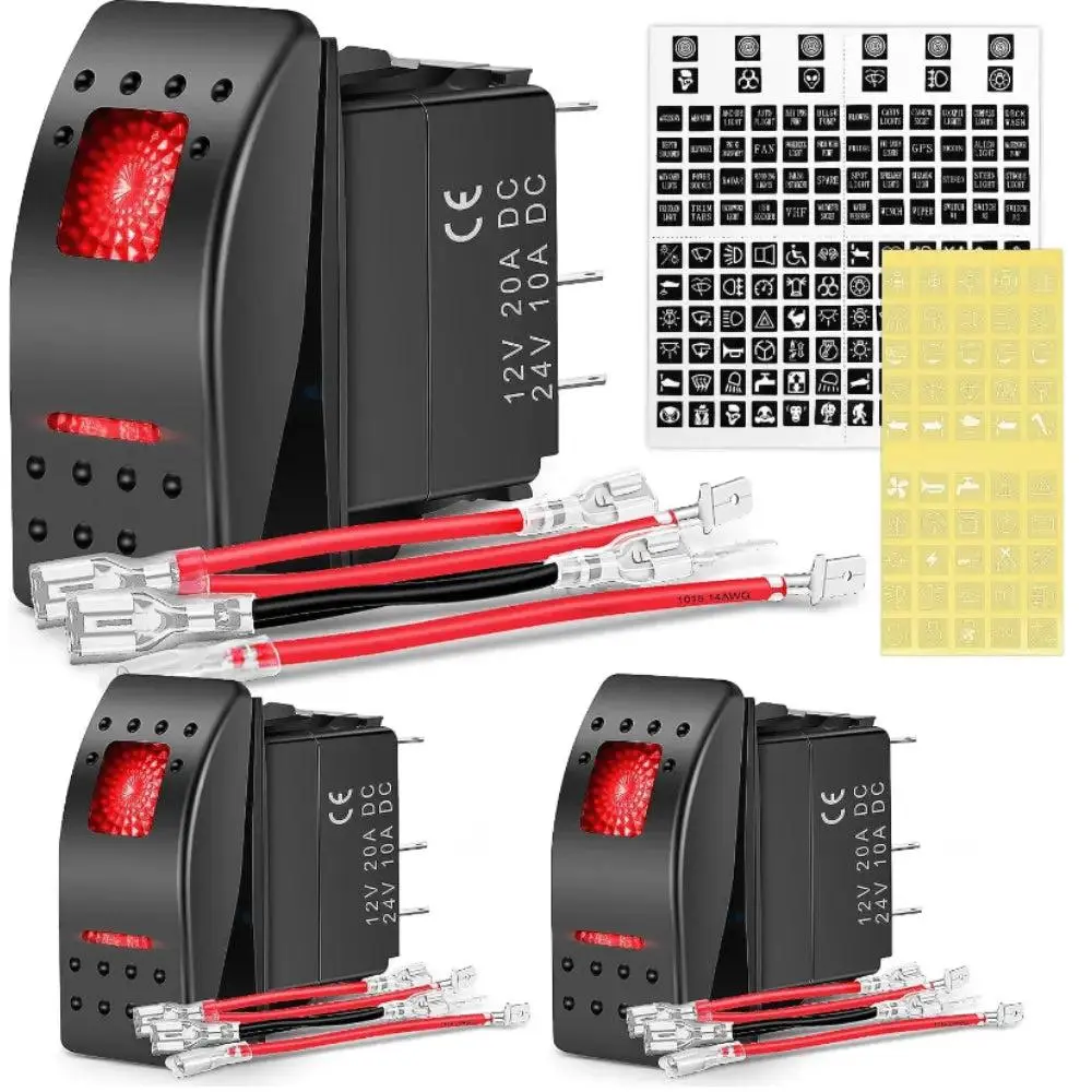 Nilight 3Pcs 5-Pin SPST ABS On/Off Rocker Switch - Red, 24V 10A, Easy Installation, Outdoor Safe, Replacement for Defective 5-Pin Switches, for Motorcycle, SUV, Electrical Accessories, DIY Stickers, Yacht