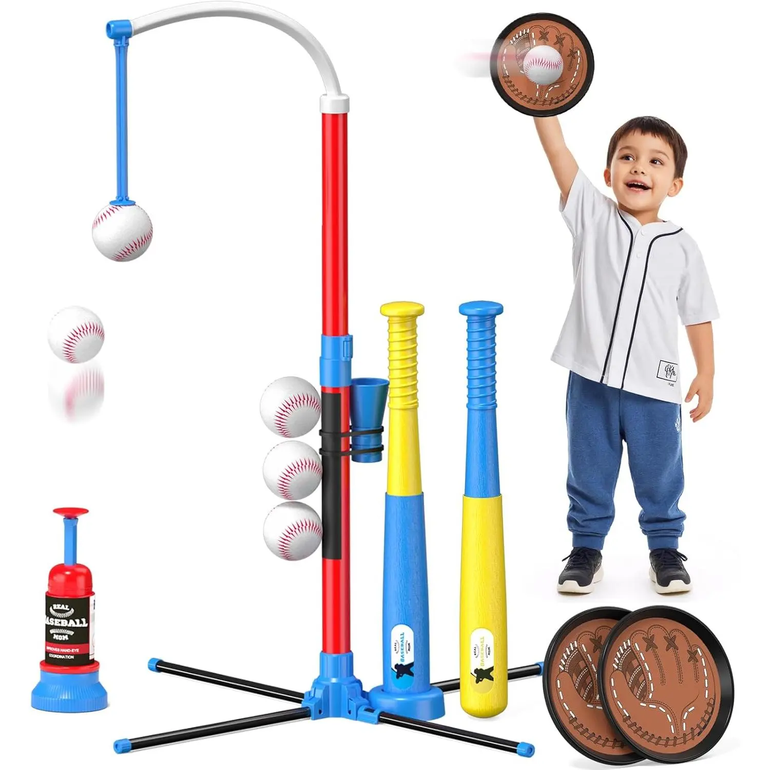4 in 1 Tball & Softball Set for 3-5 Years Toddlers, 2 Bats, Hanging Tee Ball Stand with Auto Pitcher, Toss & Catch Set, Indoor-Outdoor Sport Toys for Boys/Girls Christmas Birthday Gifts, X-Base