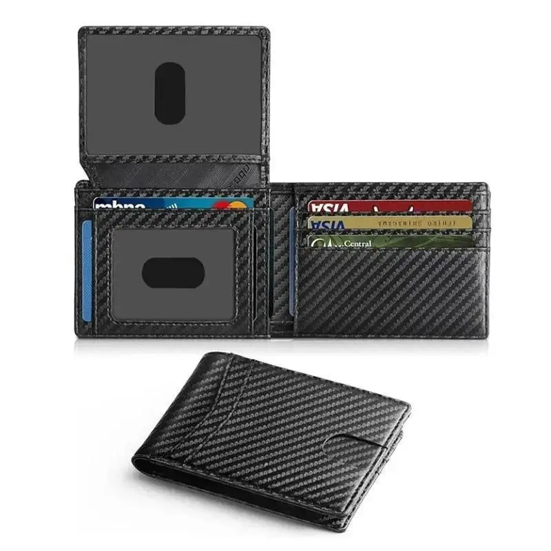 Men's Carbon Fiber Accent RFID Bifold Leather Wallet - Ultra Thin, Multi-Card, ID Window, Secure Storage Purse with Funky, Romantic, Glamorous, Ethnic, Auspicious Style Elements, Bifold/Trifold Wallet, Business, Men's Wallet