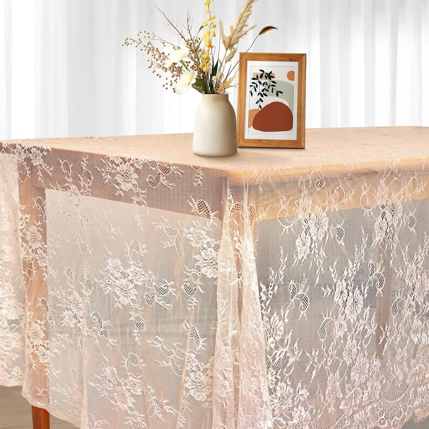 Lace Tablecloth 60 X120 Inches  Tablecloth Sheer Overlay Rectangle Floral Embroidered Lace Table Cloths for Rustic Boho Wedding Bridal Shower Outdoor Party Reception Decoration