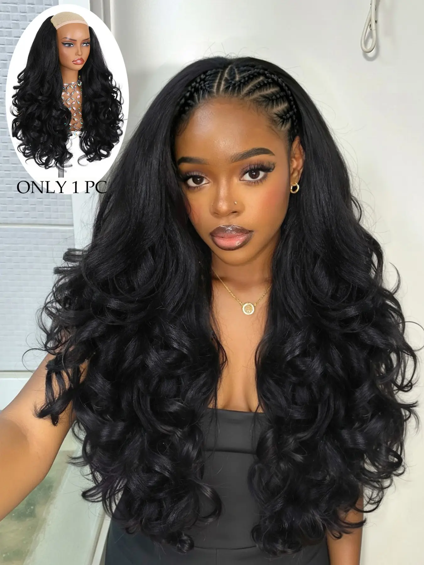 22 Inch Yaki Half Hair Layered Wave Half Wig, Synthetic Hair 2 in 1 Seamless Flip Over, Glueless Wigs for Beginners, Women Daily Wear, Stylist Friendly Wig