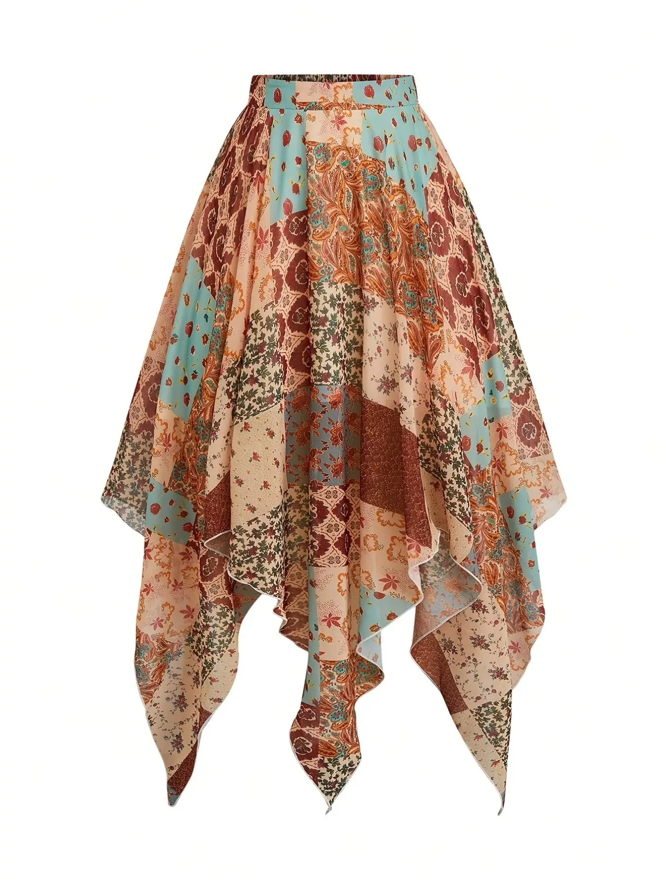 Women's Patchwork Floral Print High Waist Asymmetrical Handkerchief Midi Boho Skirt, Casual Bohemian Flowy Half Skirt, Fashionable Ladies' Dress, Floral Printed Skirt