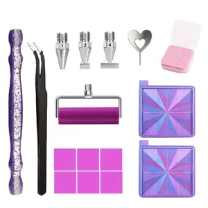 DIY 5D Diamond Painting Tool Kit, Resin Pointing Pen, Threaded Tips, Rolling Brush, Cleaning Papers, Tweezers, Storage Dishes, Hook Needle