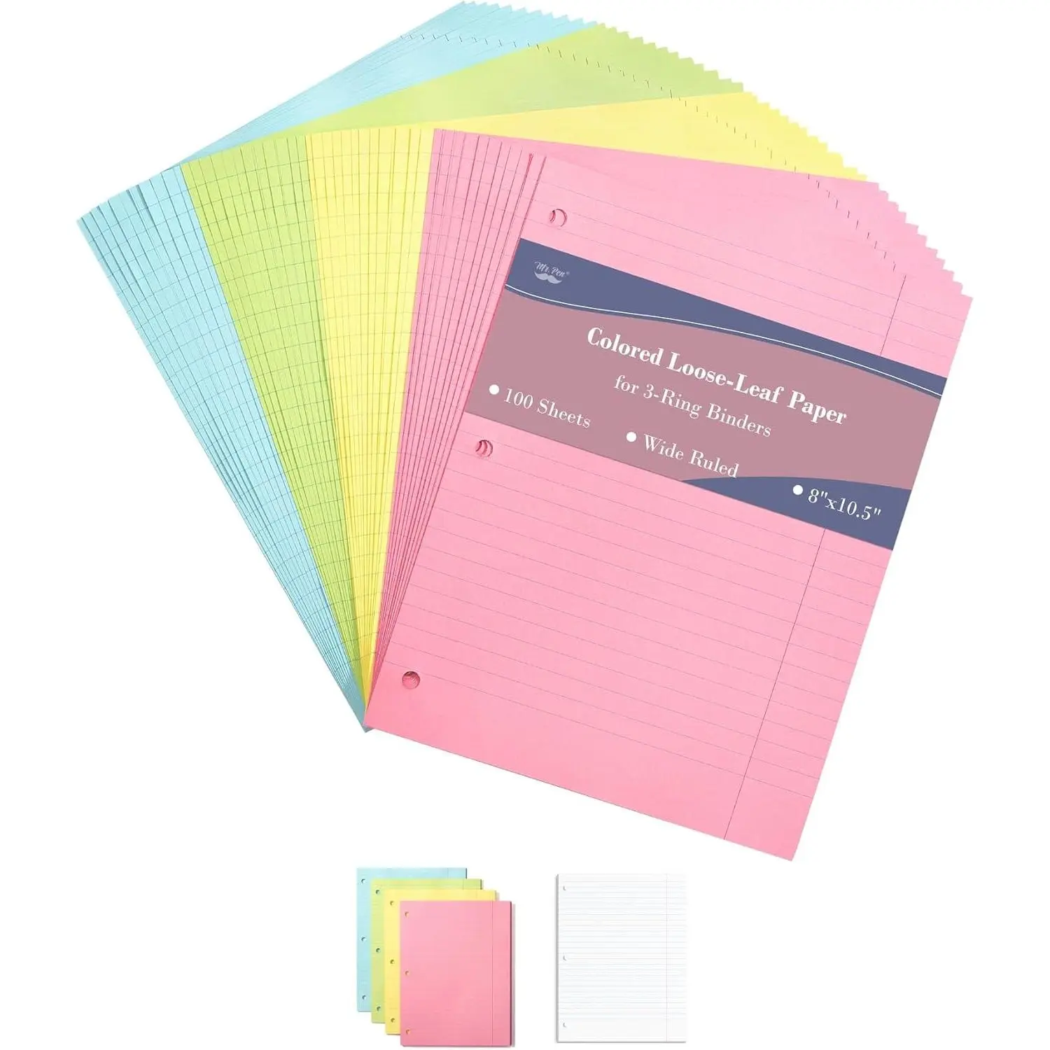 Colored Loose Leaf Paper Wide Ruled, 100 Sheets, 8” x 10.5” | 3- Hole Punched, Notebook PaperGift.