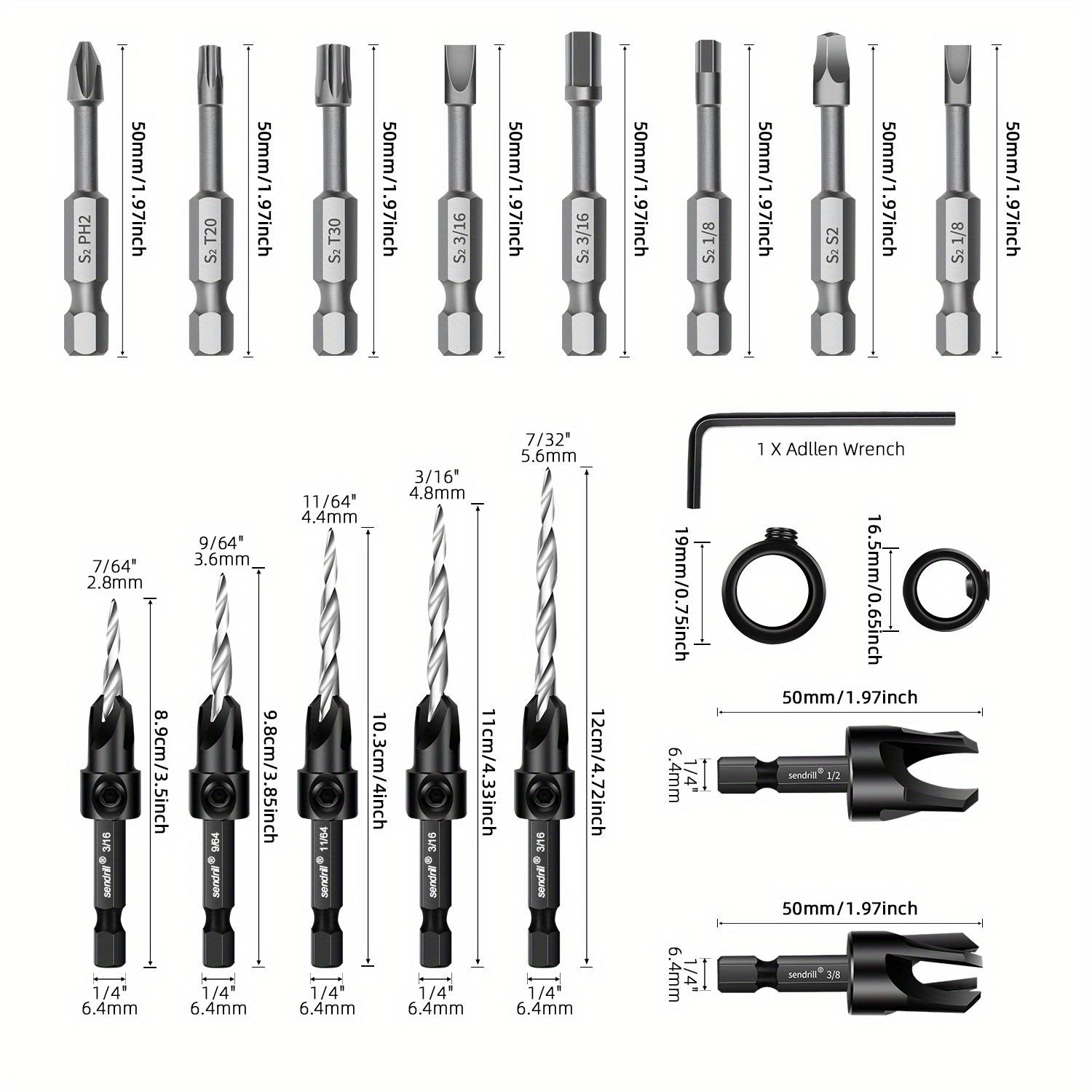 SENDRILL 17pcs Countersink Drill Bits Set, Tapered Drill Bits For Wood, With Phillips Screwdriver Bits, 2PCS Wood Plug Cutter, HSS, Precision Depth Control, 1/4" Hex Shank Quick Change for Woodworking with Storage Box (with One L-Wrench)