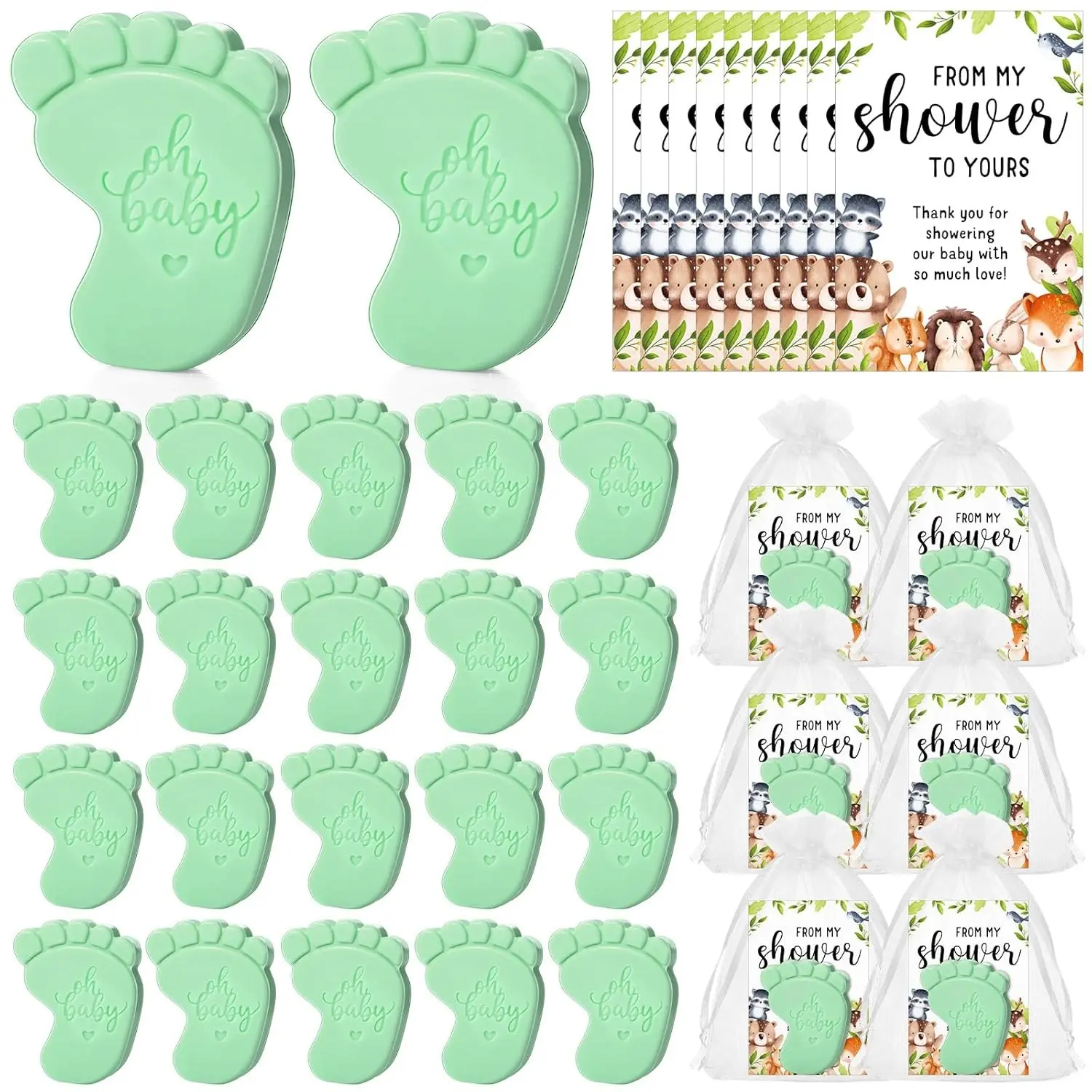 Handmade Footprint-Shape Scented Soap Favors (50 Sets) with Cards, Compact Pack Bags, Light Green Animal Theme - Smooth Baby Shower Guest Gift, Body Care Essentials with Scents