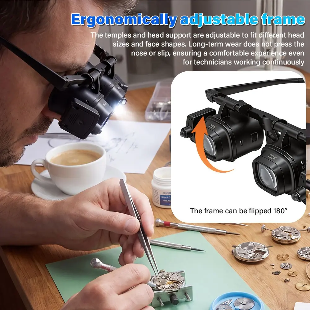 LED Headband Magnifier with 6 Lenses, Battery-Powered Jewelry and Watch Magnifier, Reading Magnifier, 36v or Below, Plastic Frame