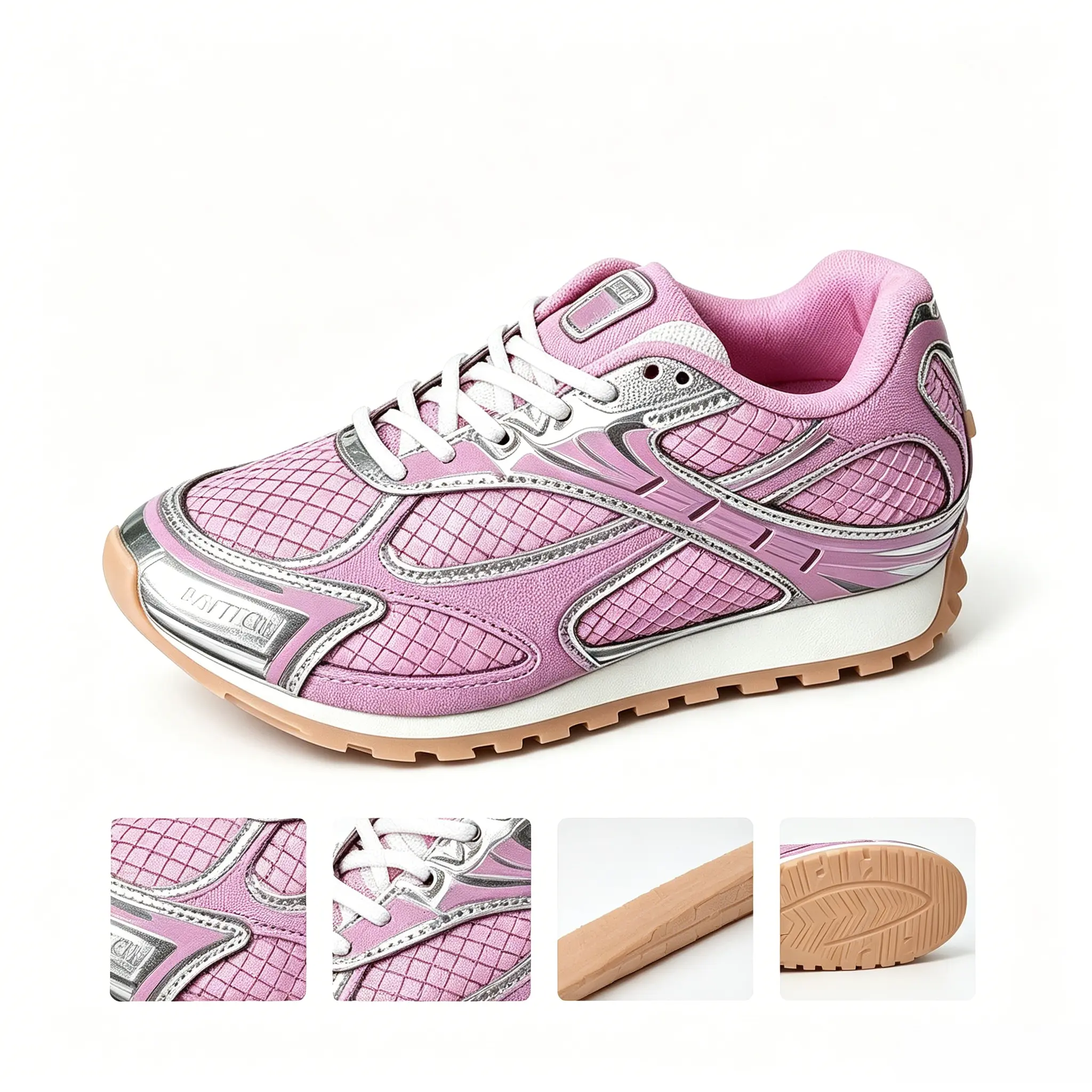 2025   gum sole sneakers woven grid upper sneakers Trending Pink Metallic Sneakers, Women's Retro Running Shoes with Woven Texture Upper, Gum Rubber , Comfortable All Day Wear, Stylish Footwear  pink sneakers