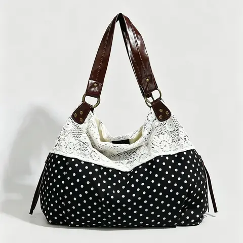 Leisure versatile gentle lace patchwork polka dot tote bag, elegant and artistic atmosphere, large capacity textured Aesthetic shoulder bag, Casual commuting bag, suitable for daily commuting, friend gatherings, shopping mall shopping