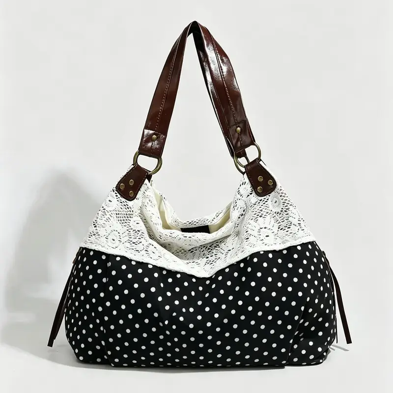 Leisure versatile gentle lace patchwork polka dot tote bag, elegant and artistic atmosphere, large capacity textured Aesthetic shoulder bag, Casual commuting bag, suitable for daily commuting, friend gatherings, shopping mall shopping