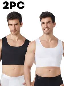 2 Pack Seamless FTM Chest Binder Tank Top, Men Style Transgender Chest Flattener Compression Vest, High Elastic Breathable Moisture Wicking Slim Body Shaper Undershirt for Daily Casual Workout