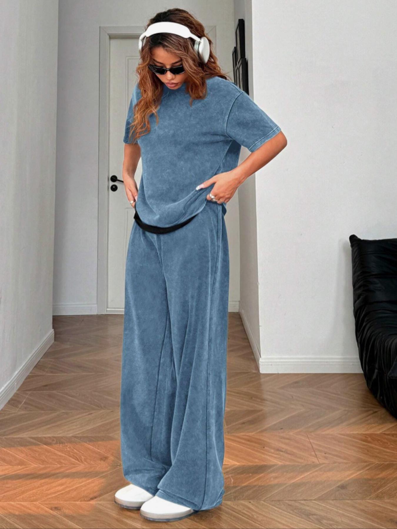 Women's Casual Loose Fit Acid Washed Cotton Short Sleeve T-Shirt and Long Pants Two-Piece Set, All Seasons, Plain Style