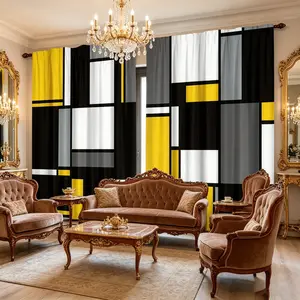 2-piece set of geometric pattern splicing modern minimalist digital printed, Sheer Printed Curtains, made of semi transparent polyester material, machine washable, suitable for home & holiday decor