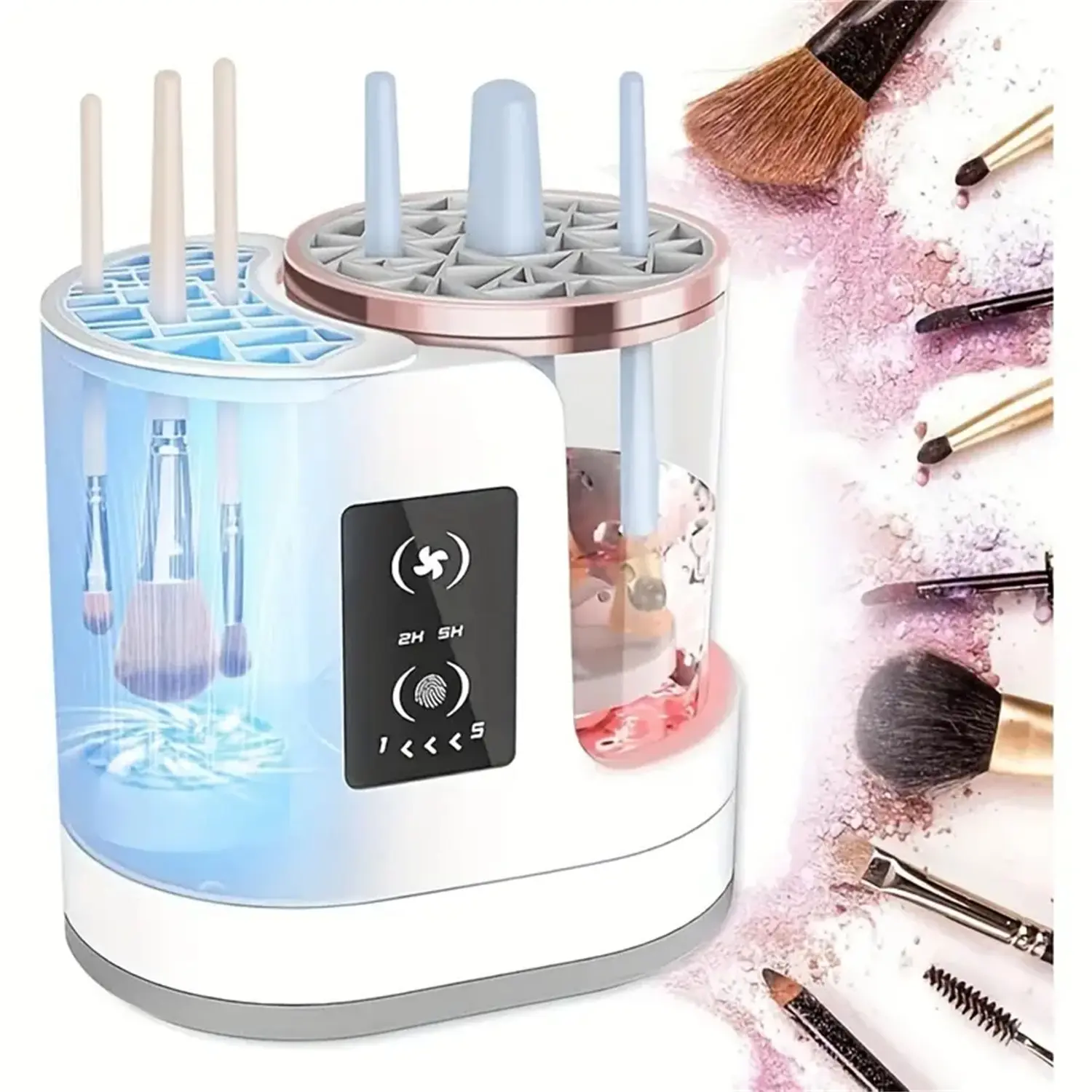 Upgrade Electric Makeup Brush Cleaner Machine, Auto Rotate Quick Clean, LCD Display, Touch Control, USB Powered, 2/5h Dry Mode, Portable