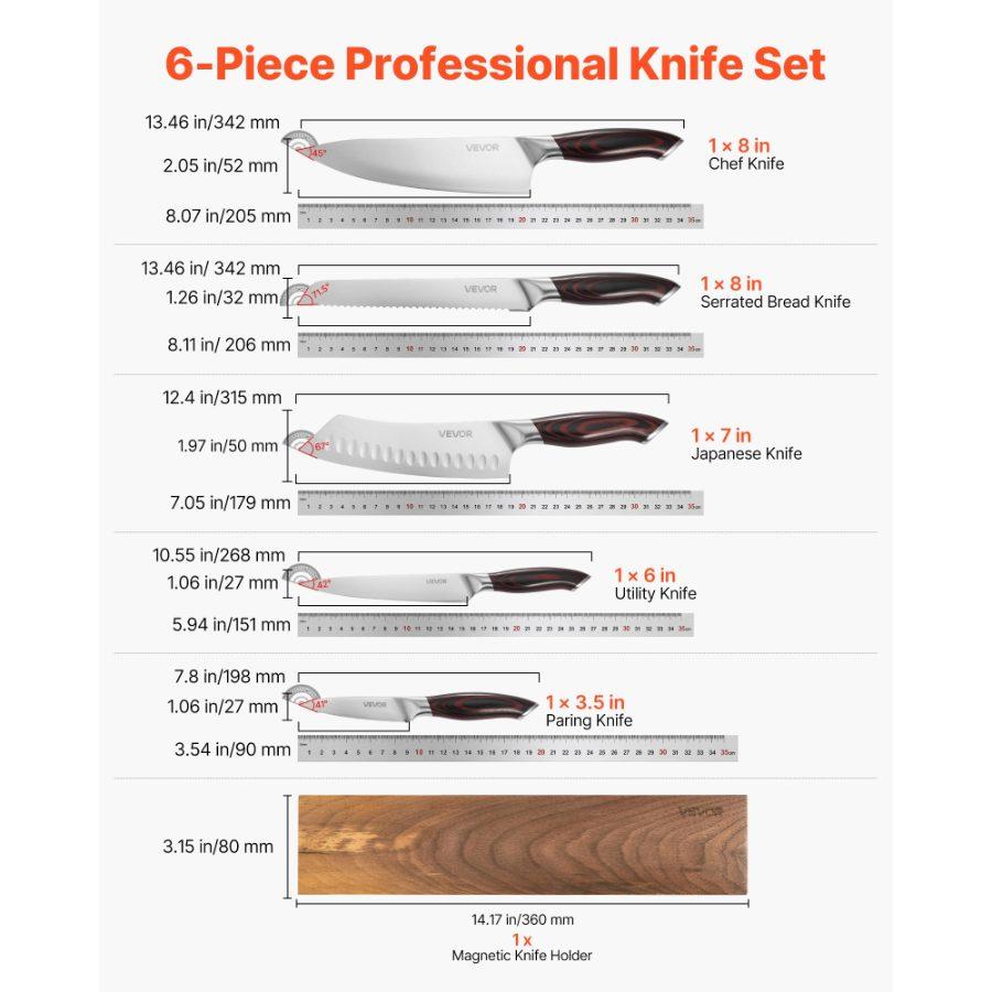 SummerWinsVEVOR Kitchen Knife Set, 6 Piece High Carbon Stainless Steel Sharp Knife Set, Professional Kitchen Cutlery with Ergonomic Crack-Resistant Handle, and Walnut Finish Powerful Magnetic Knives Holder, Magnetic Holderdealsforyoudays