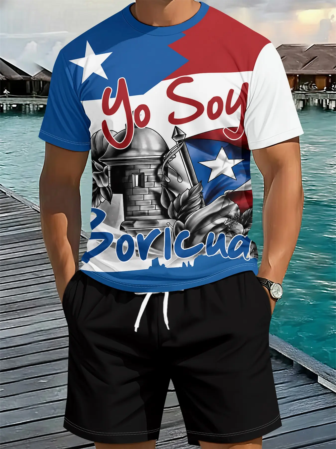 Men's short-sleeve and shorts two-piece set with contrasting graphic prints featuring red, blue and white flags, stone towers and roses. This regional-style men's suit adopts 3D digital printing. It is comfortable, loose, breathable sportswear for casual