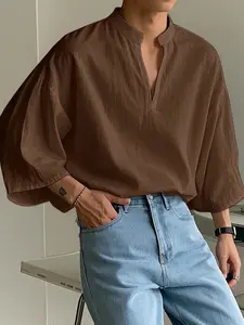 Men's Stand Collar V-Neck Shirt, Loose-Fit Drop Shoulder Seven-Eighths Bell Sleeve, European and American Style Casual Top