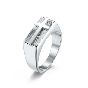Unisex Steel Color Non-Customized Stainless Steel Signet Ring - Embossed Holy Cross with Radiant Sunburst Texture Pattern, Street Hip Hop Vintage Religious Statement Band Fashion Costume Jewelry Accessory