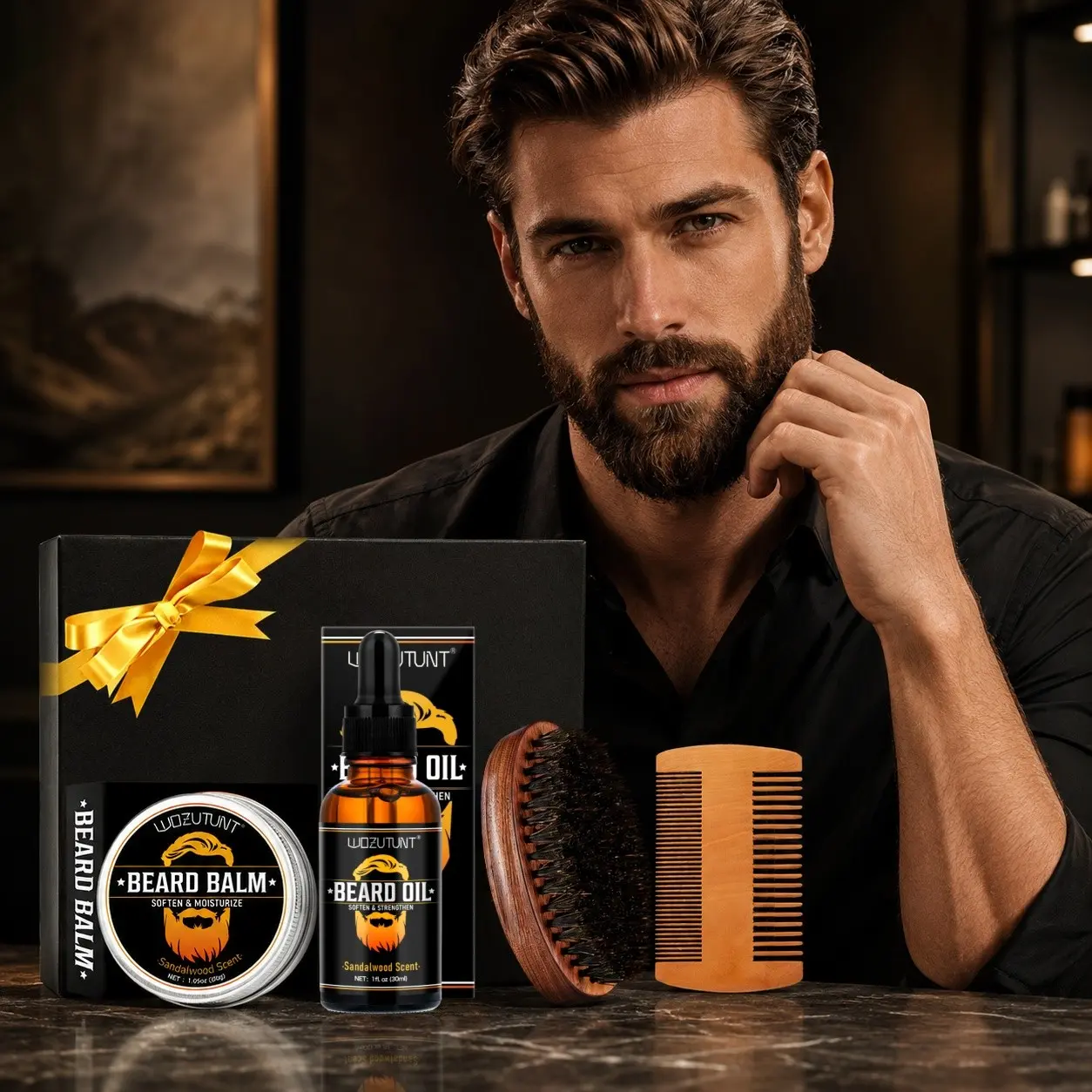 4Pcs Sandalwood Men Beard Care Kit, Beard Oil, Beard Balm, Wooden Comb & Brush, Soften Moisturize Anti-Frizz, Nourish Beard Roots, DIY Gift Box for Christmas Birthday, Gift for Men