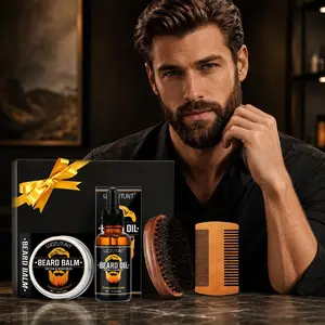 Men's Beard Care Set, Beard Grooming Kit, Sandalwood Scented Beard Oil, Balm, Wooden Comb, Brush, Softening Moisturizing, Anti-Frizz, DIY Gift Box, Beard Care Accessories