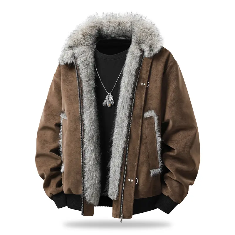 Men's Solid Color Spandex Brand Jacket - Warm Zip-Up Long Sleeve Winter Coat with Fluffy Big Fur Collar, Retro Motorcycle Windproof Cold-Resistant Streetwear Outer Top #sohochic, Clothes