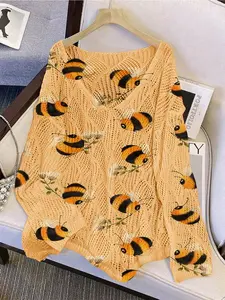 Women's Cartoon Animal Bee Floral Print V-Neck Sweater, Casual Long Sleeve Knit Top, Breathable Summer Fall Clothing, Hollow Out Design