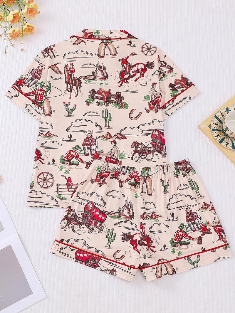 Women's All Over Cowboy Print Lapel Shirt & Shorts Pajama Two-piece Set, Casual Comfy Short Sleeve Top & Shorts PJ Set, Ladies Summer Sleepwear