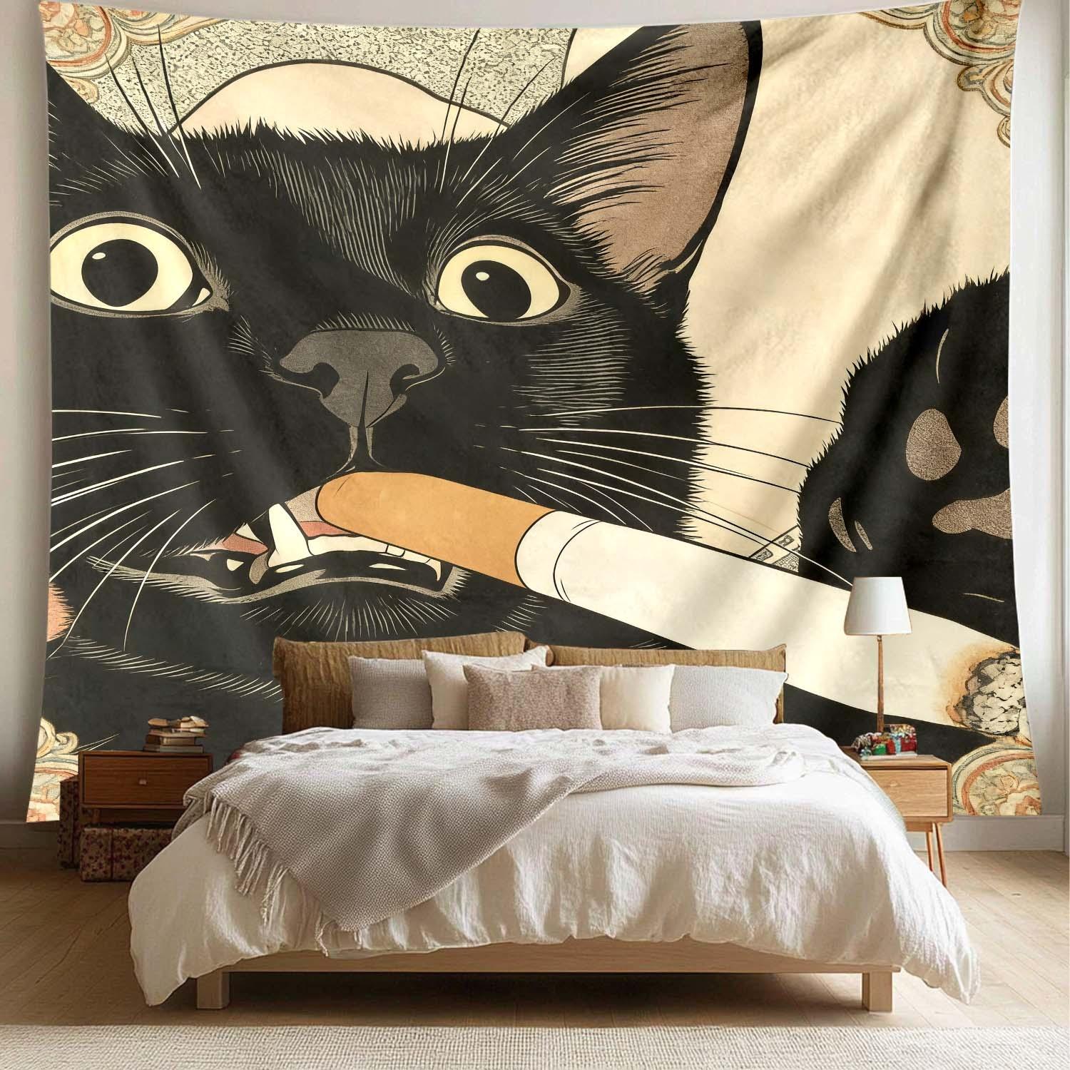 Distinctive Cat Tapestry, Humorous Illustration of a Smoking Cat, Large Artistic Wall Hanging, Decorative Background Cloth, Perfect for Living Room or Bedroom, 1 pc