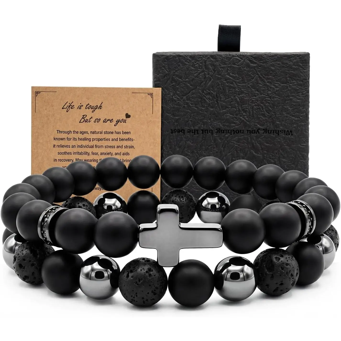Men's Natural Fashion Beaded Bracelet - Hand-Selected Black Obsidian, Hematite, Lava Stone - Adjustable Stretch Band, Triple Protection, Birthday Gift Ideas for Youth & Adults to Banish Negativity, Men's Accessories, Adjustable Size, Natural Stones