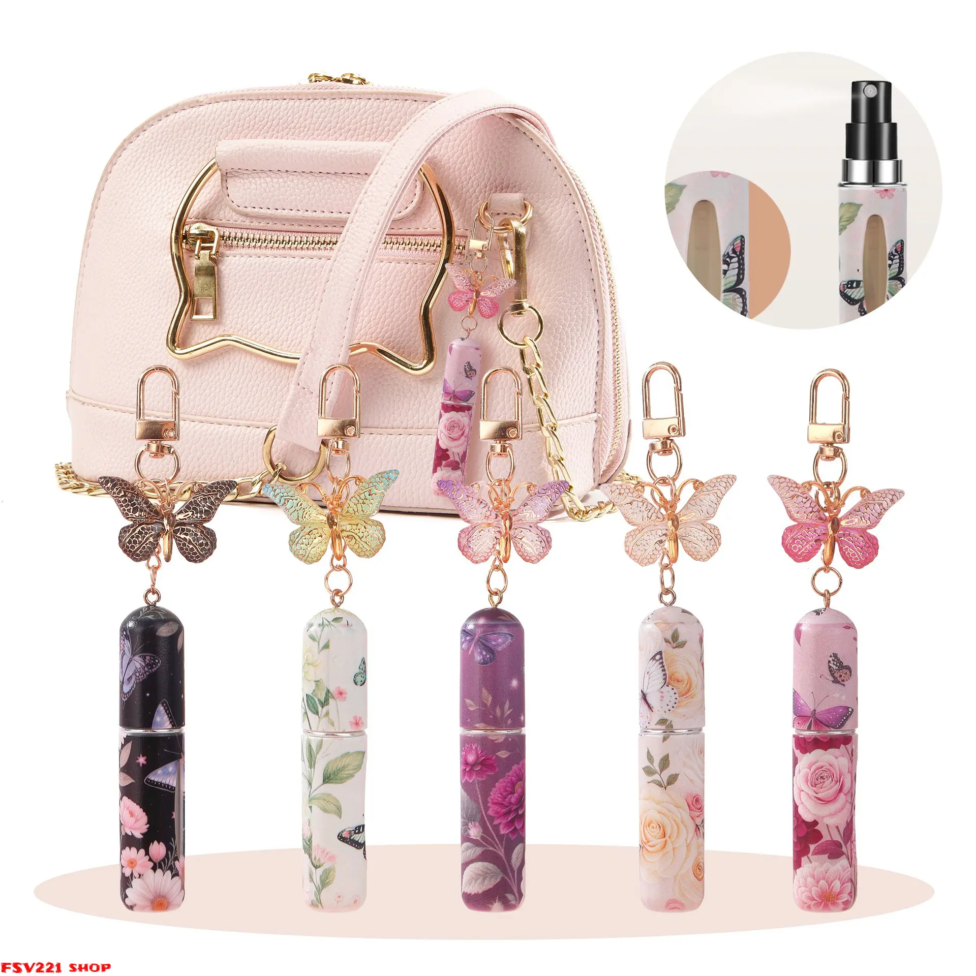 Butterfly Charm Compact Lipstick Holder Keychain - Portable Fabric Lip Gloss Pouch with Clip, Fits Most Standard Lipsticks and Lip Glosses for Everyday Purse & Travel Bag Use, Floral Pattern Keychain, Girly Keychain