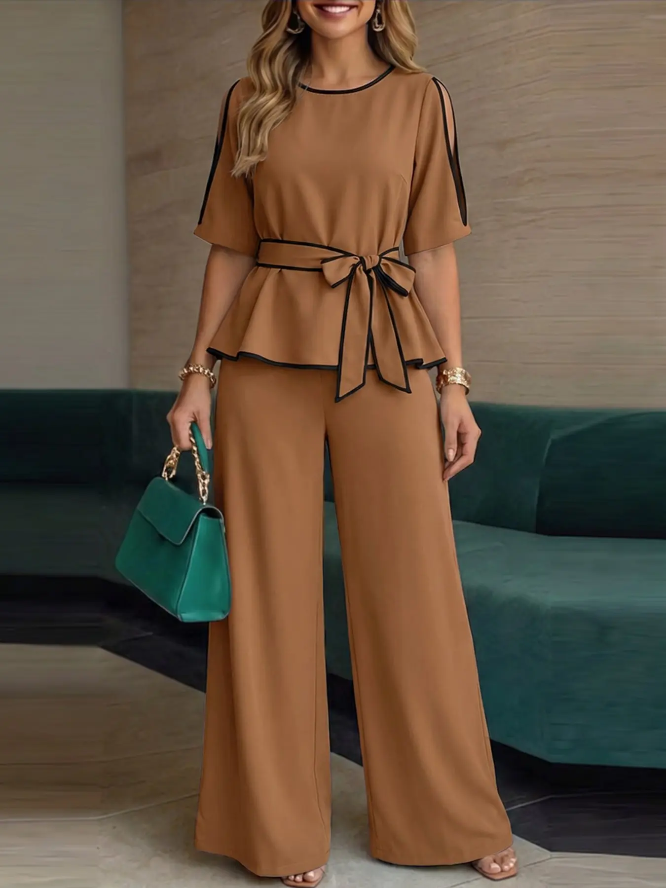 ZANZEA Women's Round Neck Five-Quarter Sleeve Contrast Edge Cut-Out Sleeves Blouse Top + Baggy Wide Leg Pants Set Clothes, Casual Chic Everyday Style for Daily Wear and Work Commute