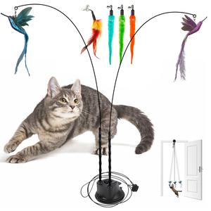 gift for pets, interactive cat toy set, 8 counts/set including 2 cat wands with base and 6 feather replacement heads with bells, fun and exercise for indoor cats