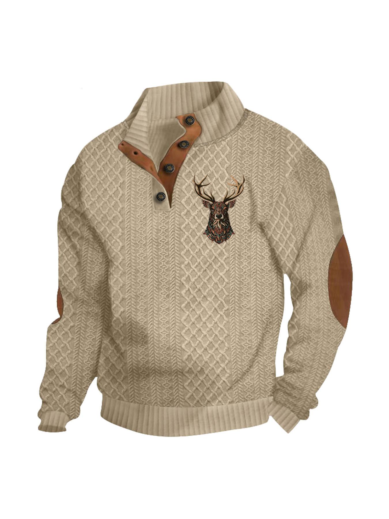 Men's Reindeer Print Patchwork Contrast Trim Jacquard Sweatshirt, Regular Fit Casual Comfy Long Sleeve Half Button Front Stand Collar Pullover for Spring & Fall, Fashion Men's Top for Daily Wear