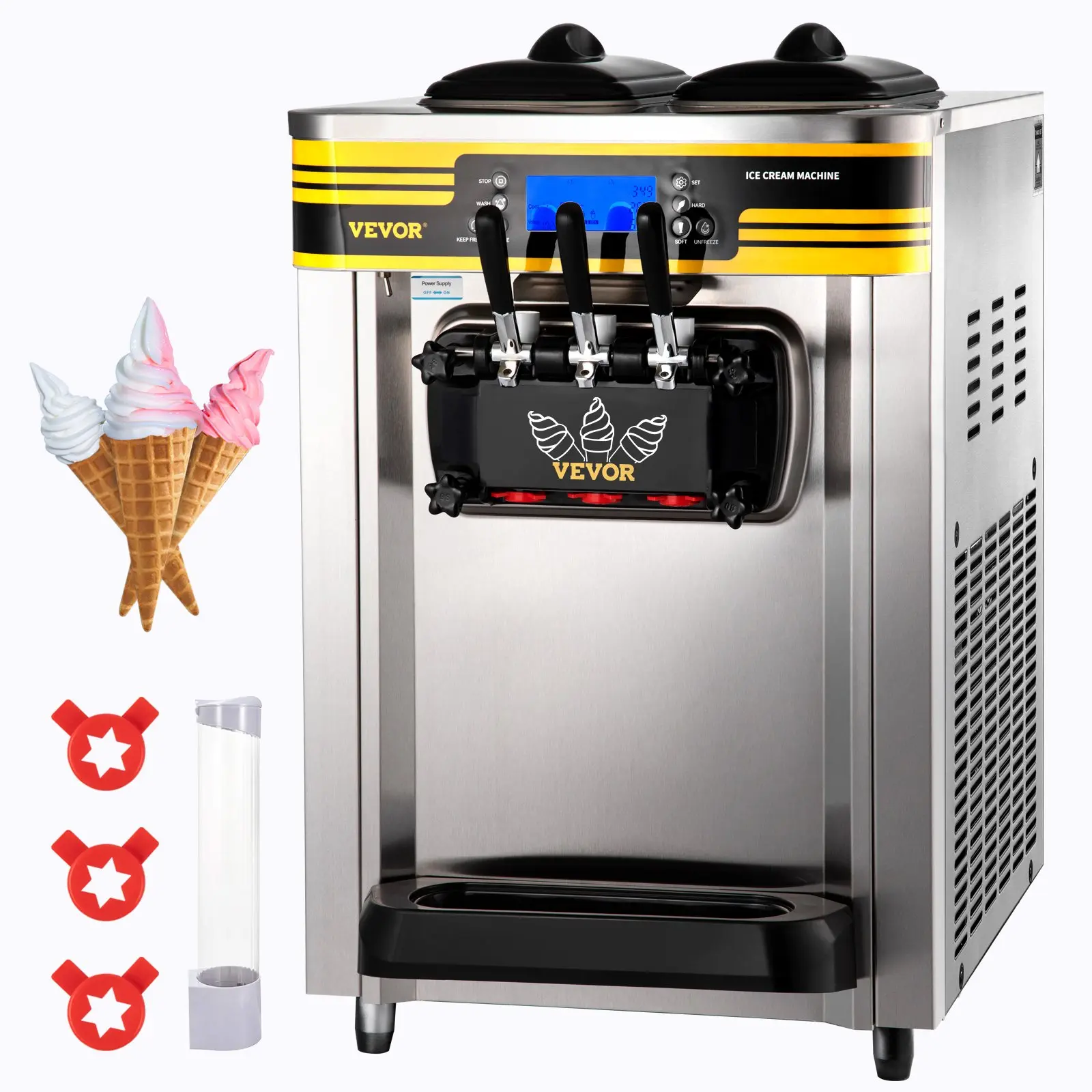 【DealsForYouDays】VEVOR Commercial Stainless Steel Ice Cream Maker, 22-30L/H Yield, Countertop Soft Serve Machine with 2x6L Hoppers, 0.5 Gal/2L Cylinder, LCD Display, Puffing Shortage Alarm, 1x Cone Holder for Commercial Users, Silver
