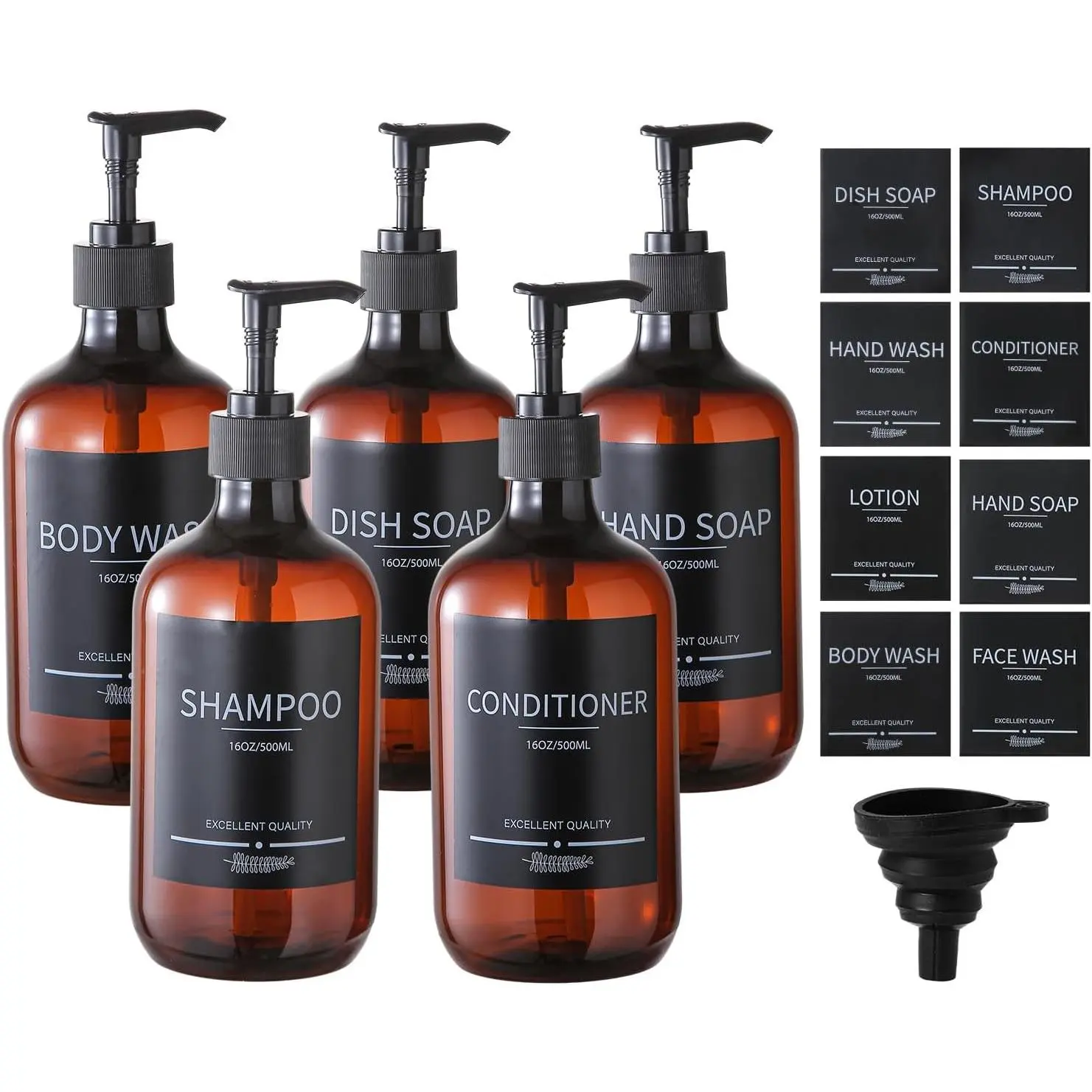 5 Pack 16.9oz (500ml) Amber Refillable Shower Bottles with Labels - Reusable Shampoo and Conditioner Dispenser BottlesGift