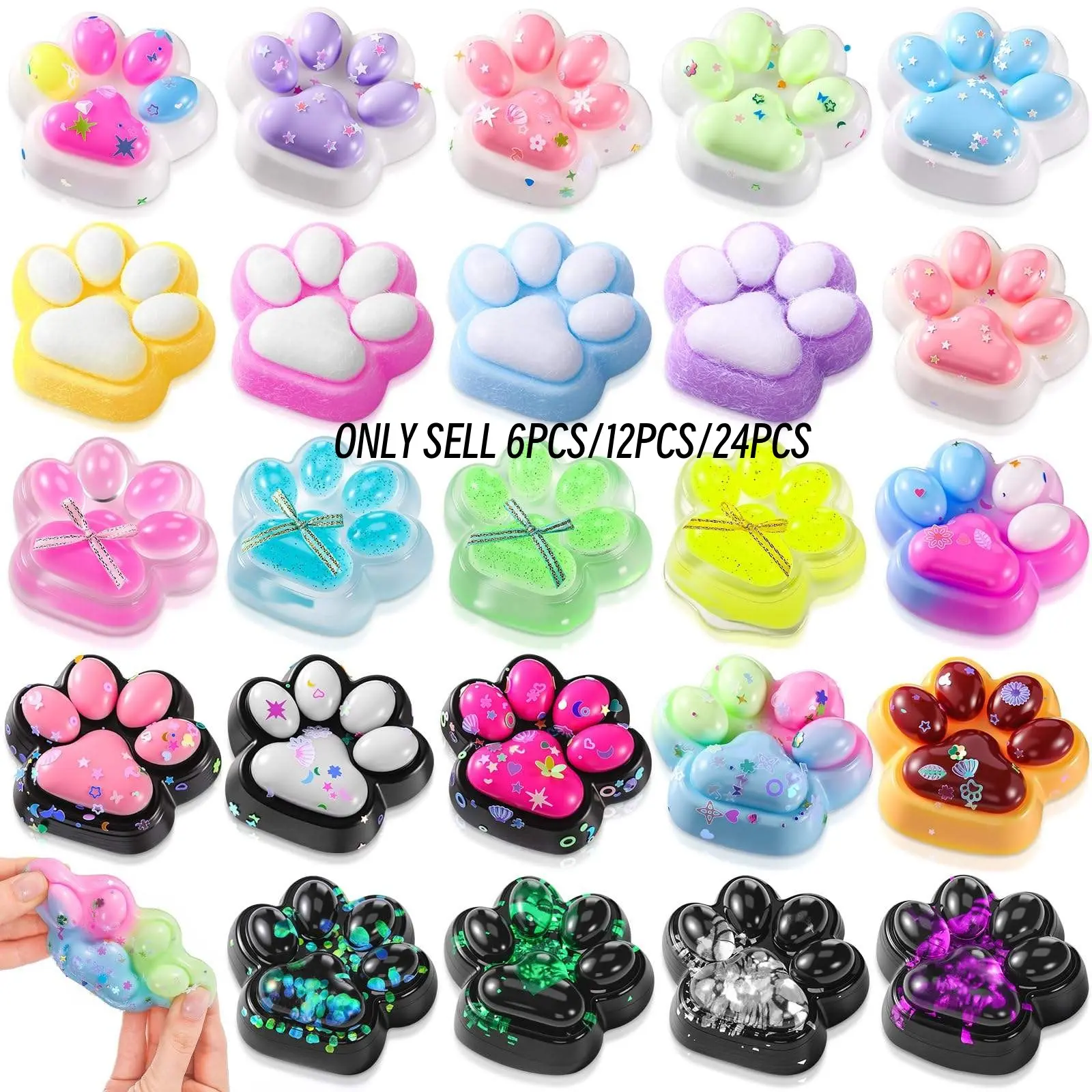 6/12/24 Piece Mini Cute Cat Paw Soft Rubber Squishy Toys - Soft Squeeze Animal Paw Toys with Glitter Confetti and Heart Details, Mixed Pastel Colors, Ideal for Easter Egg Basket Fillers and Halloween/Christmas Party Bag Decorations, Cat Toys .Random Color