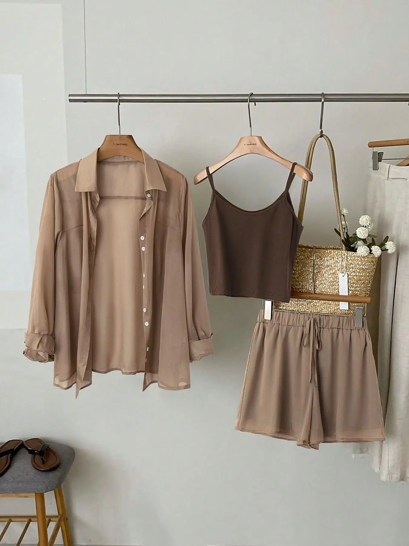 Women's Sheer Flowy Lightweight Long Sleeve Cardigan Set, Cami, Tank Top & Wide Leg Drawstring Shorts, Casual Summer, Perfect for Daily Wear & Parties