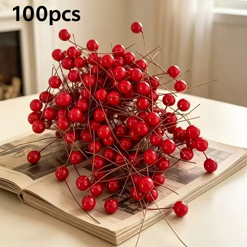 100pcs artificial simulation foam red berries Christmas decoration furniture decoration is suitable for DIY handmade holiday party potted landscape.