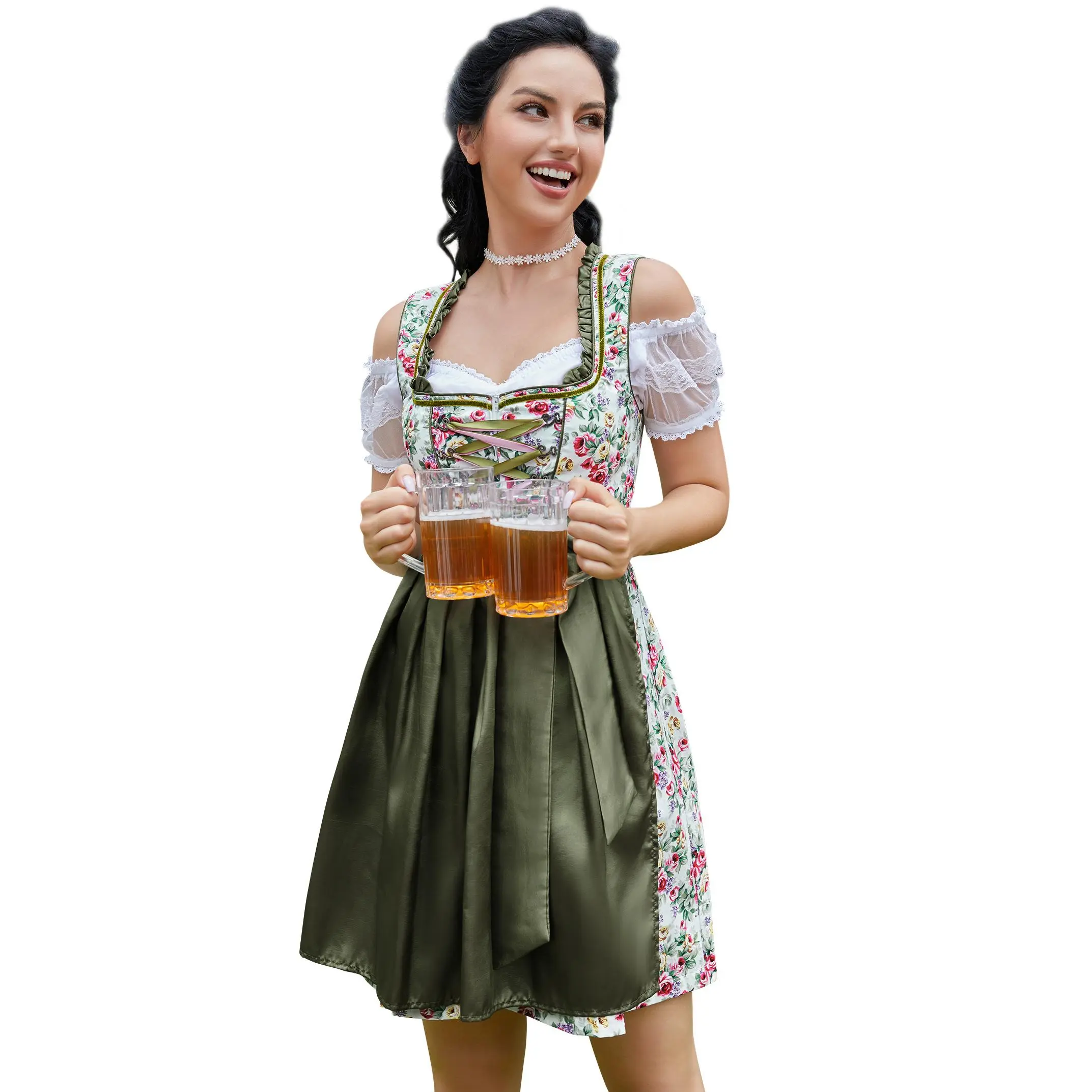 YF Women's 3 Piece Oktoberfest Dirndl Dress Bavarian Beer Maid Costume German Traditional Beer Girl Outfit Floral Dress with Green Satin Apron for Halloween Cosplay Carnival Party