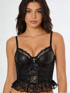 Women's Gothic Tight-Fitting Corset Top, Lace Leather Patchwork Design, Street Style, All Seasons, Fashionable Women's Clothing