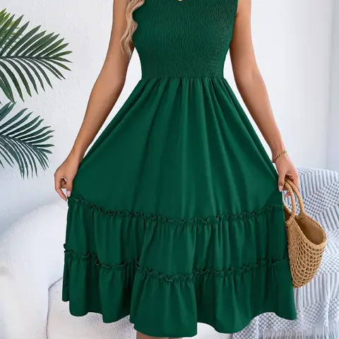 Women's Plain Frill Trim Dress, Casual Style Sleeveless Midi Dress for Summer, Ladies Clothes for Daily Wear