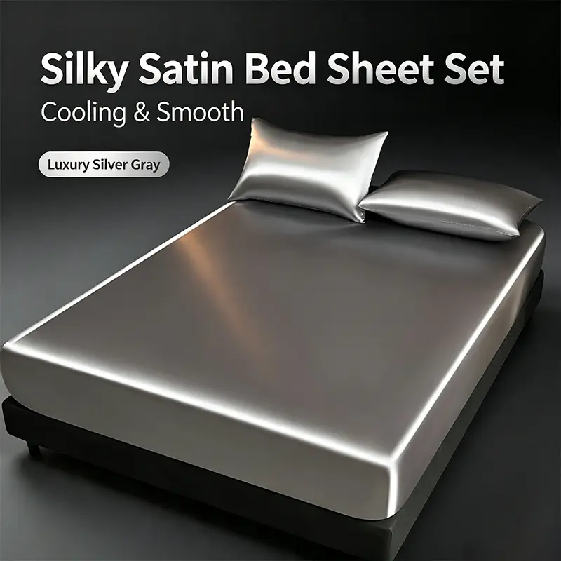 Premium Satin Fitted Sheet Set, Silky Smooth Surface Bed Bedding Kit, Elastic Deep Pocket Design, Complete Bedding Set for Dorm, Bedroom and Holiday Home